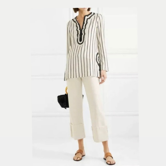 NEW Tory Burch Long Sleeve Stripe Tunic Top Size 2 Rayon Slub Stripe Tunic $348 - Picture 7 of 9
